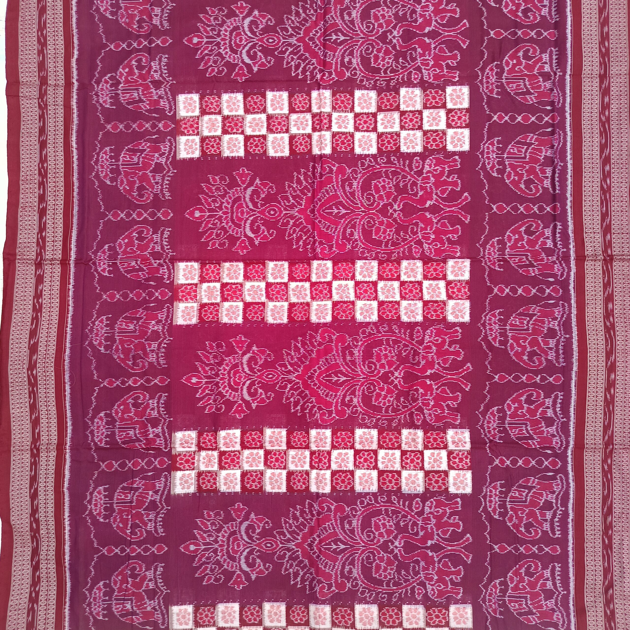 Maroon Colour White Box Pasapali Design Sambalpuri Cotton Saree