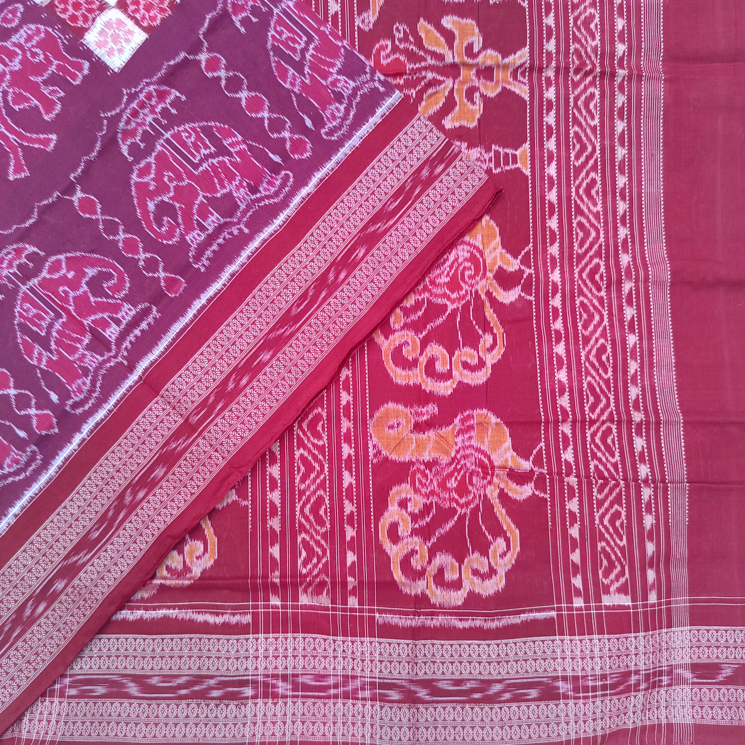 Maroon Colour White Box Pasapali Design Sambalpuri Cotton Saree - Image 3