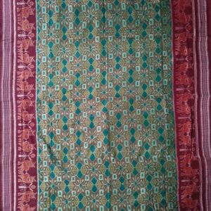 Green Colour Bandha Maroon Border Handloom Sambalpuri Cotton Saree