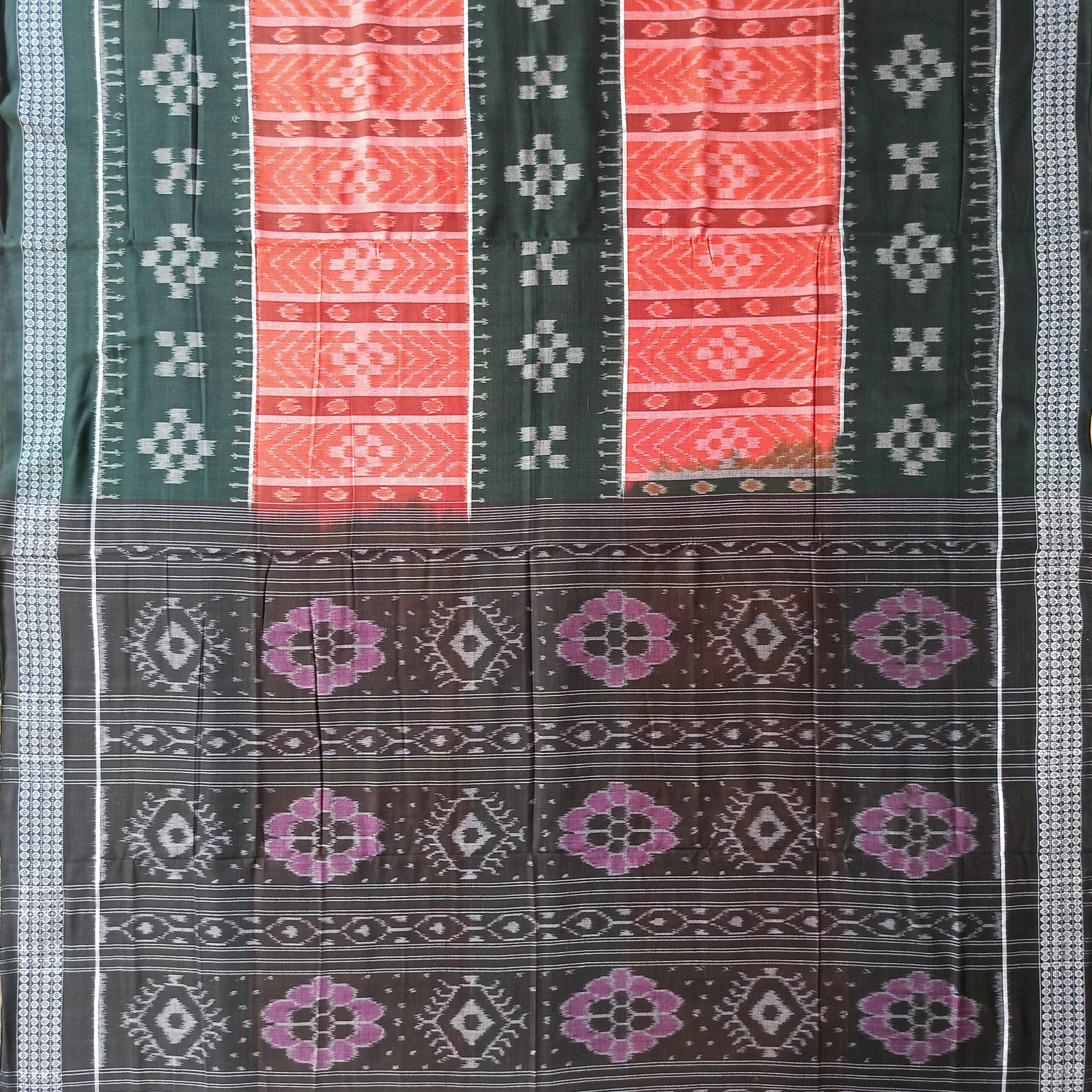 Orange Colour and Green Border Simple Handloom Sambalpuri Saree - Image 2