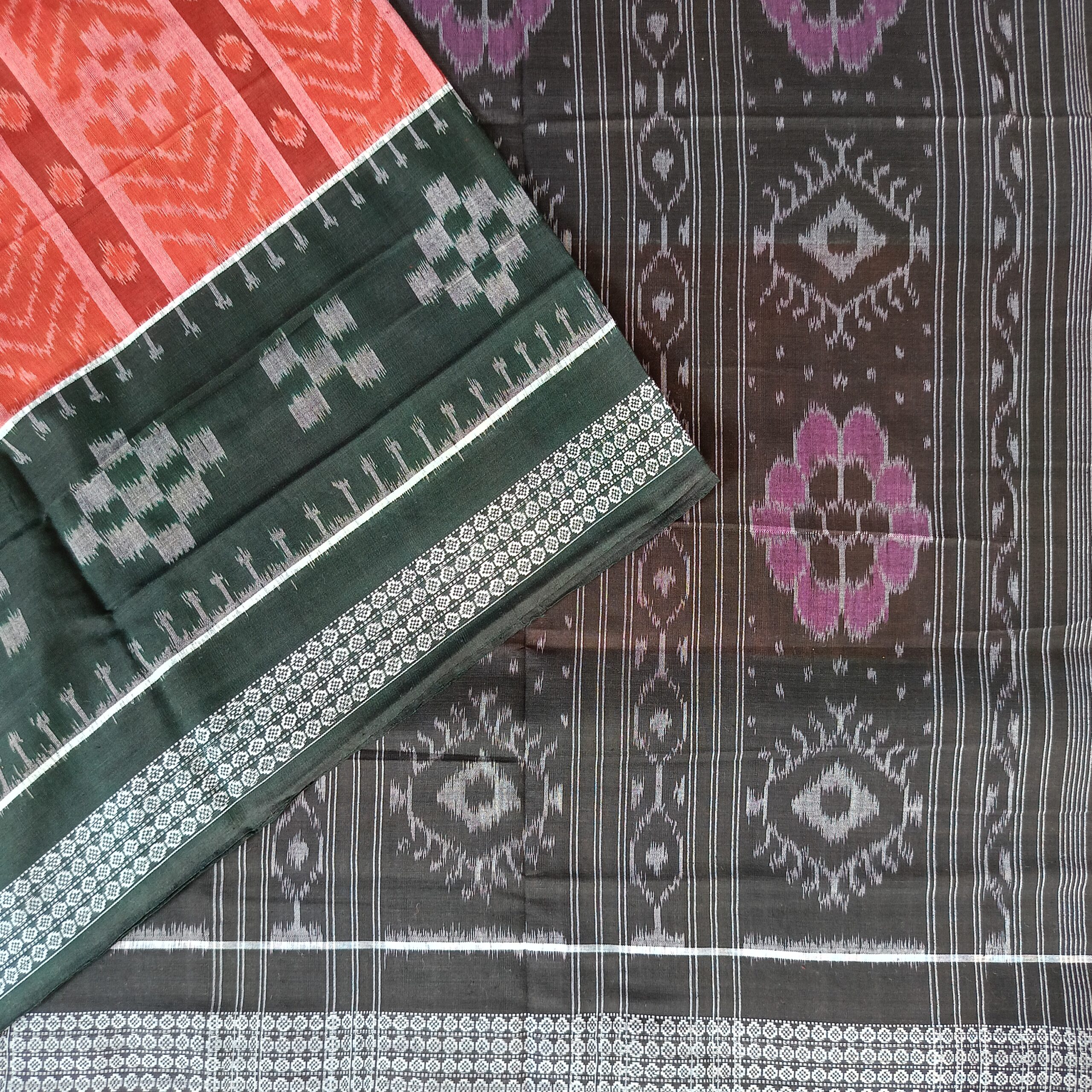 Orange Colour and Green Border Simple Handloom Sambalpuri Saree - Image 3
