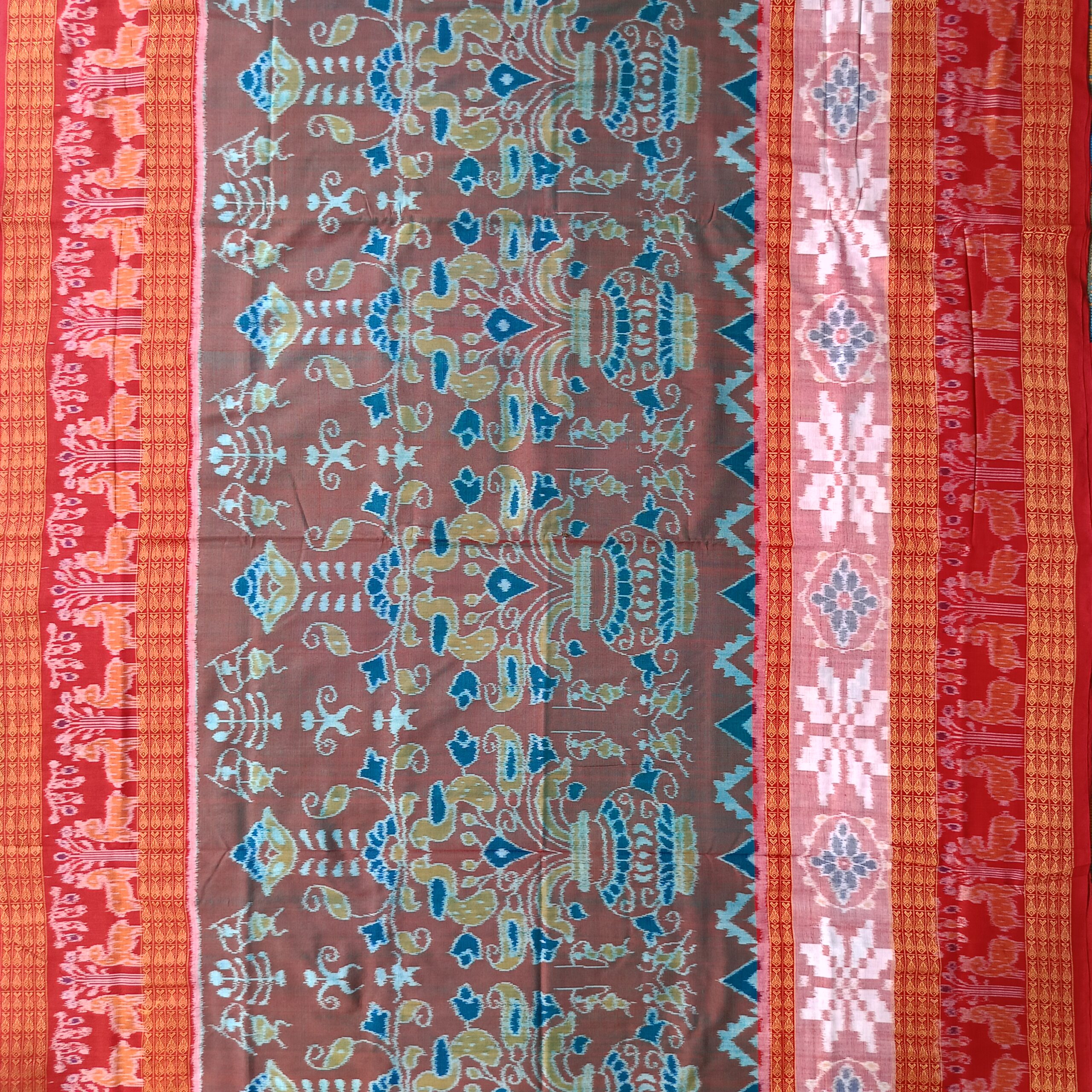 Red Border & Taupe Colour Kalash Bandha Sambalpuri Cotton Saree