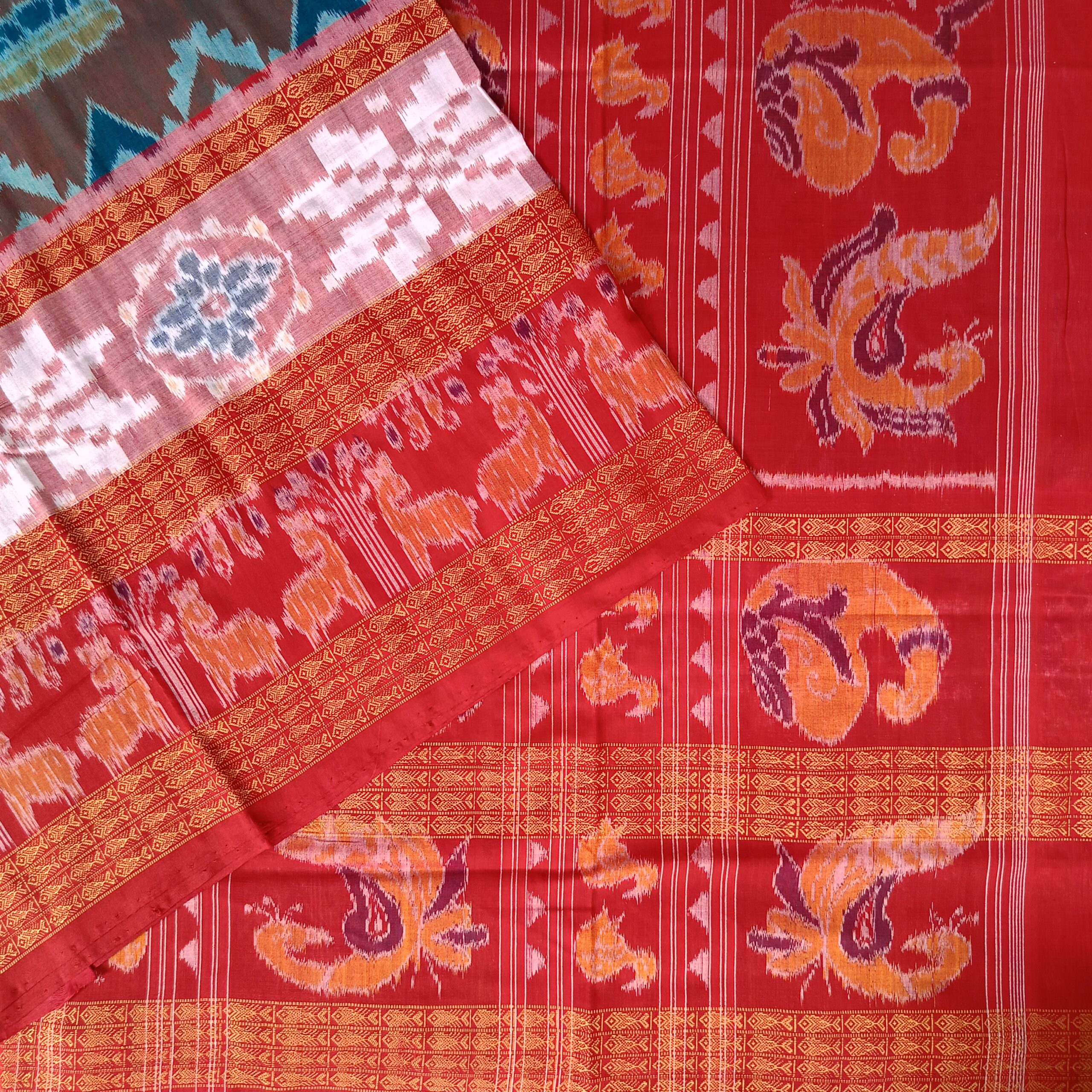 Red Border & Taupe Colour Kalash Bandha Sambalpuri Cotton Saree - Image 3