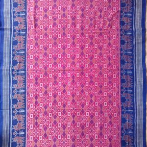 Pink Colour Bandha Blue Border Handloom Sambalpuri Cotton Saree