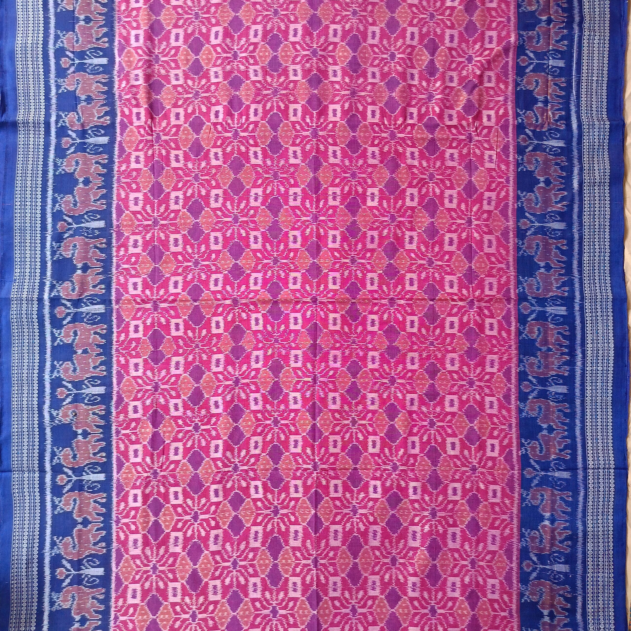 Pink Colour Bandha Blue Border Handloom Sambalpuri Cotton Saree