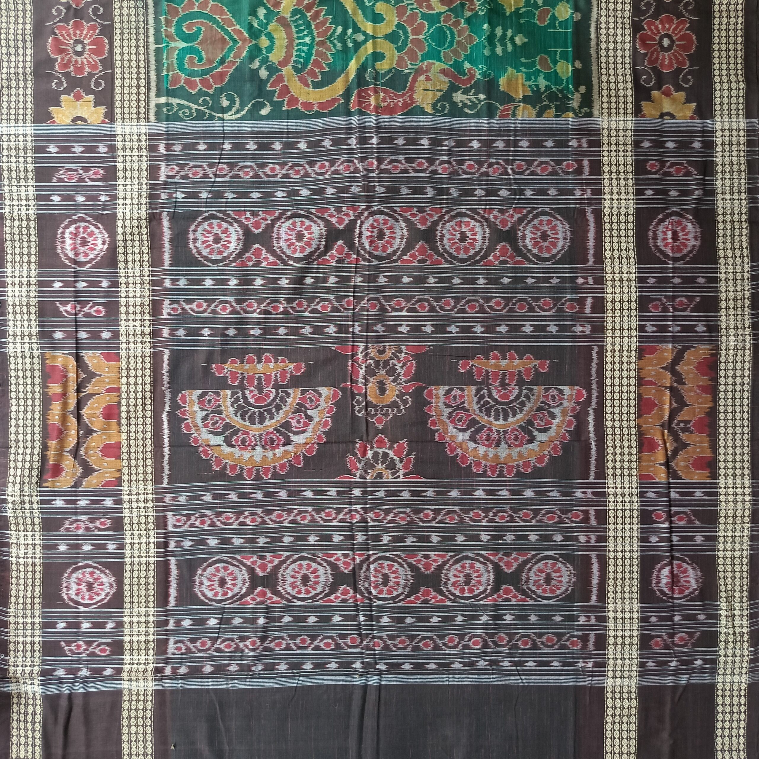 Green Colour Maroon Peacock Coffee Colour Double Border Handloom Sambalpuri Cotton Saree - Image 2