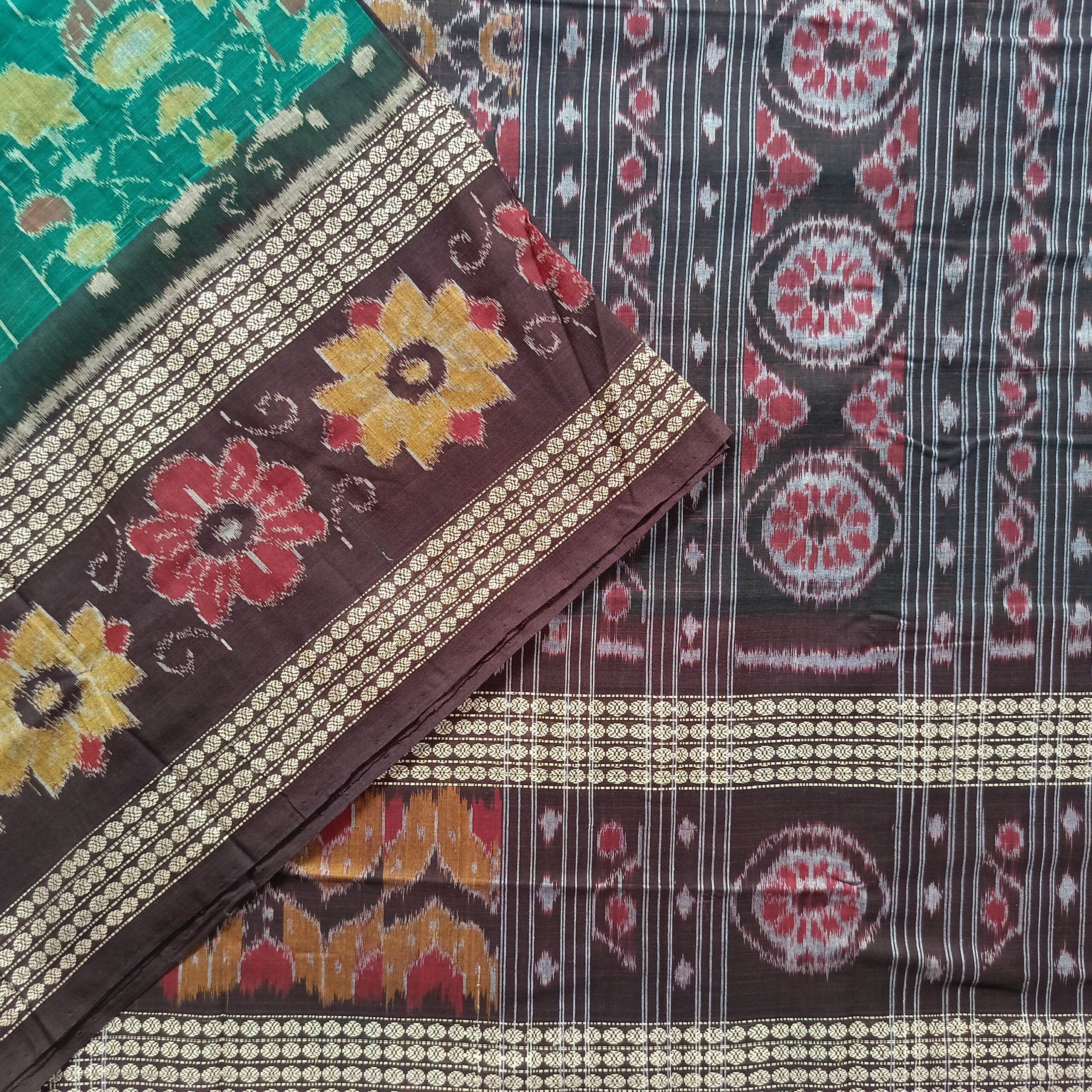 Green Colour Maroon Peacock Coffee Colour Double Border Handloom Sambalpuri Cotton Saree - Image 3
