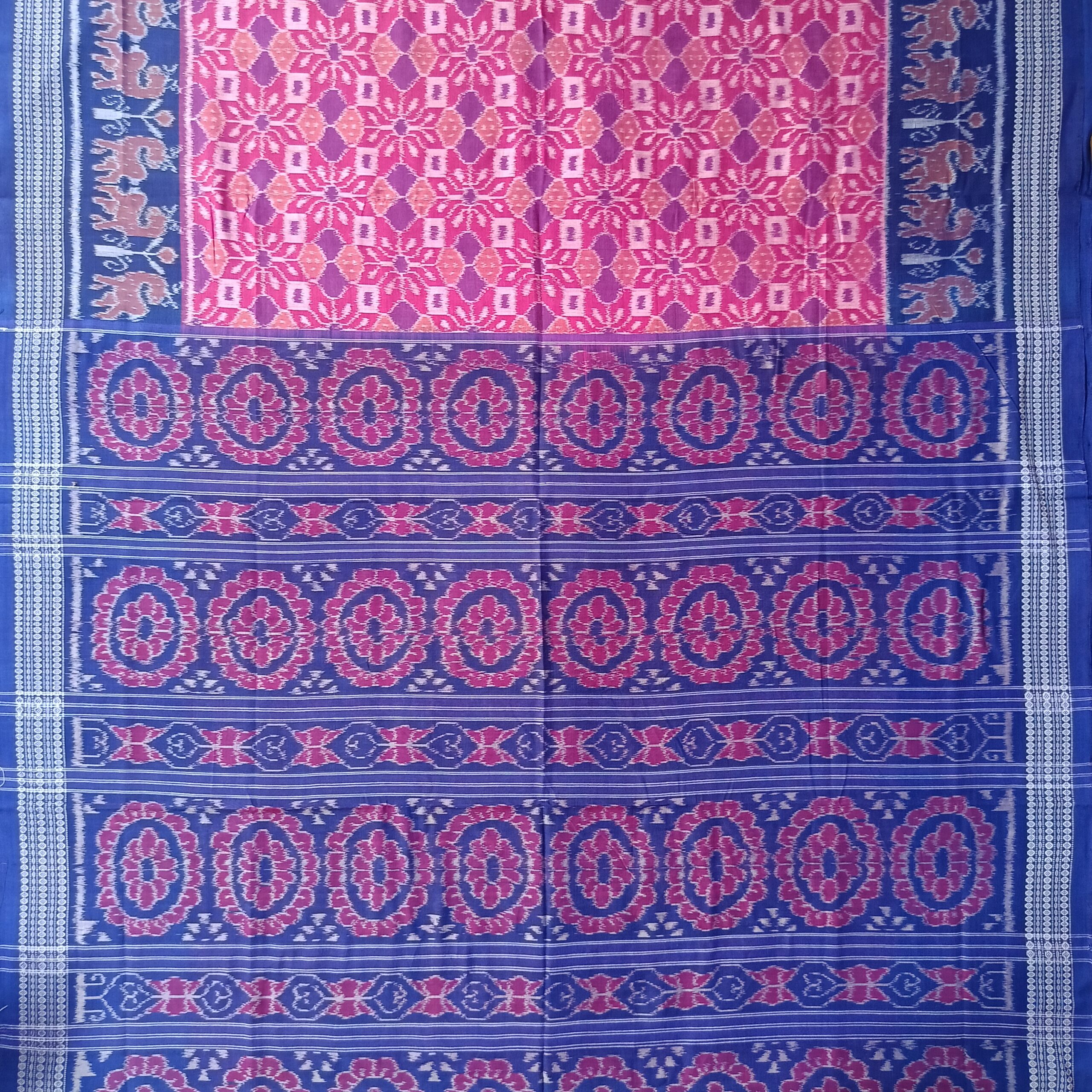 Pink Colour Bandha Blue Border Handloom Sambalpuri Cotton Saree - Image 2