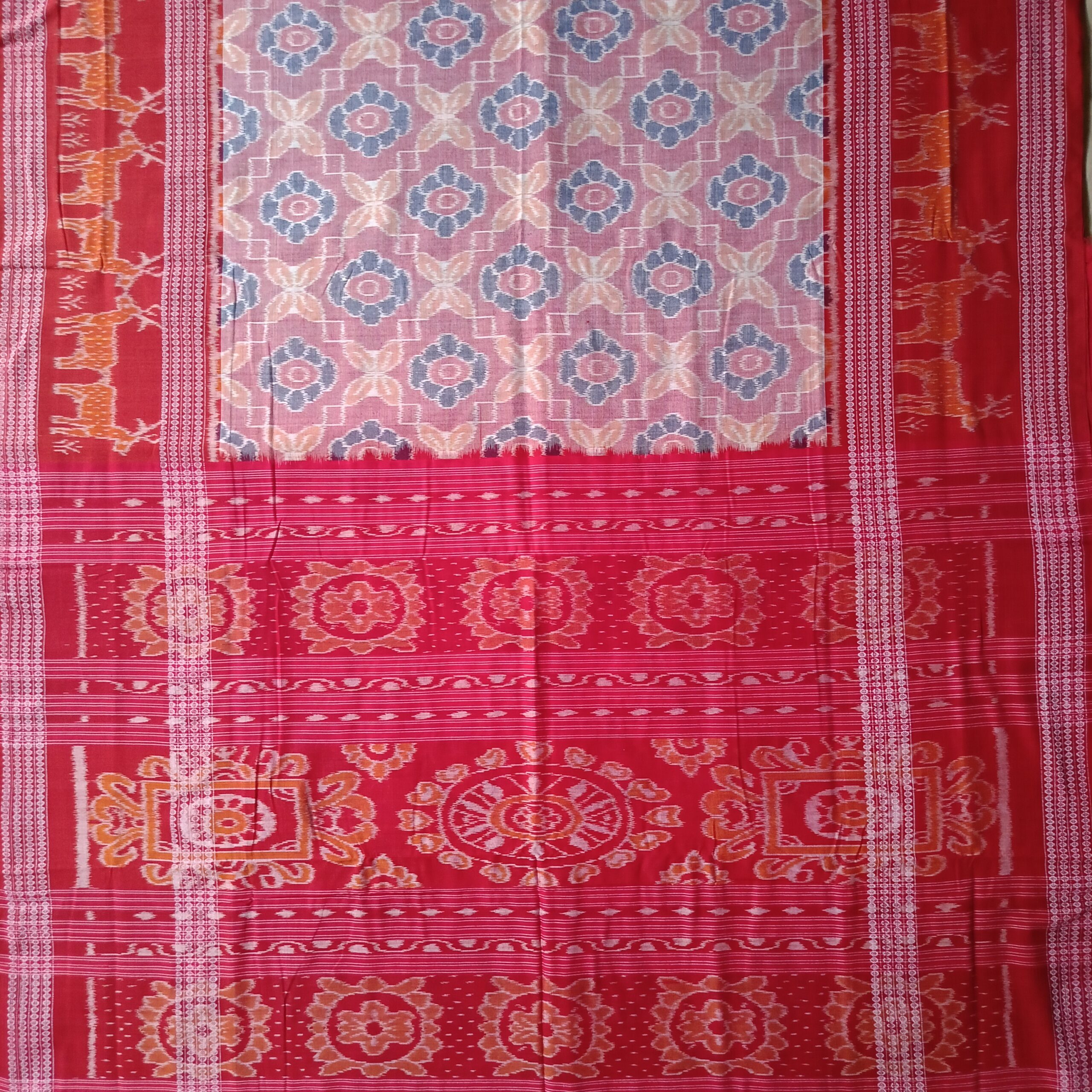 Pink & Red Double Border Badha Sambalpuri Cotton Saree - Image 2