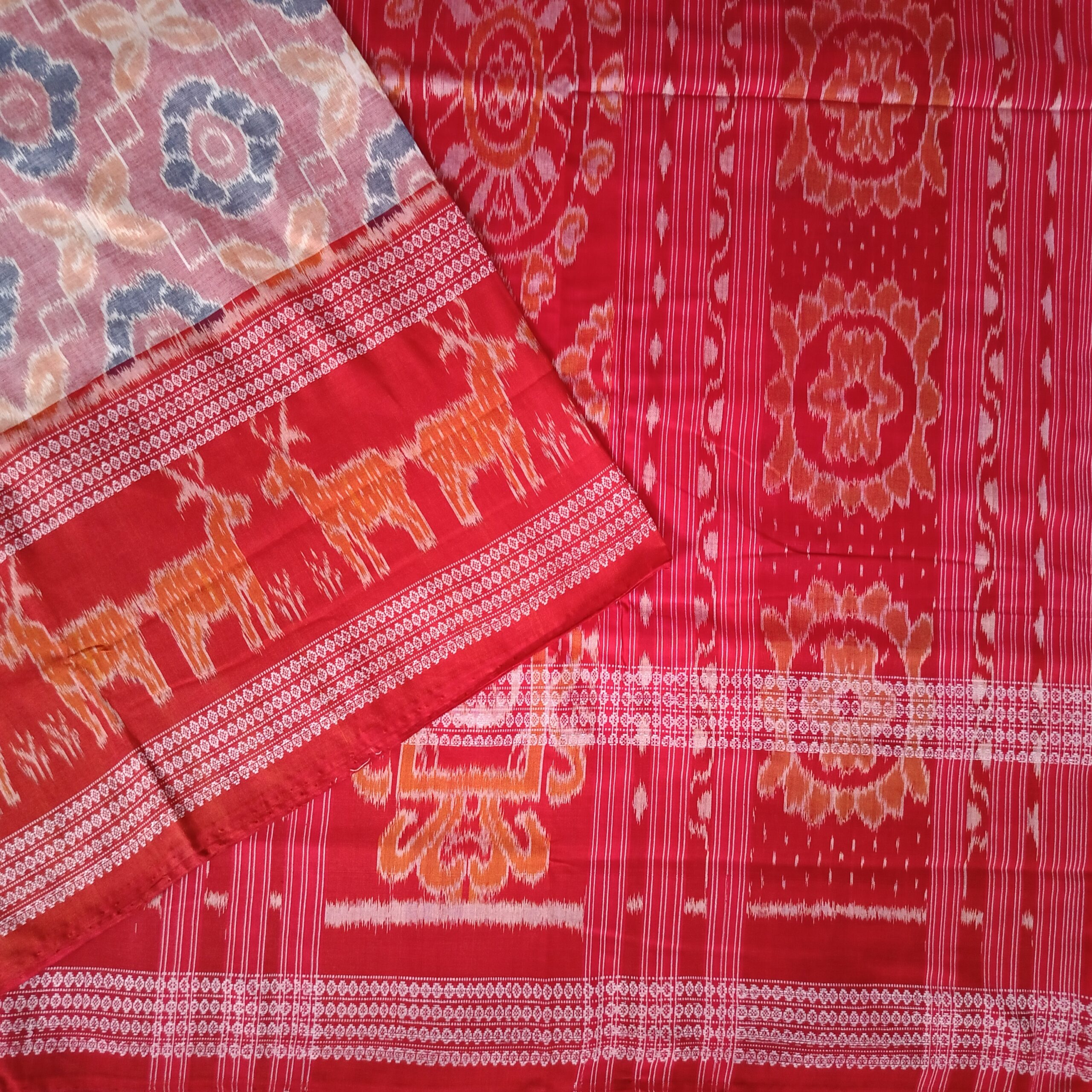 Pink & Red Double Border Badha Sambalpuri Cotton Saree - Image 3